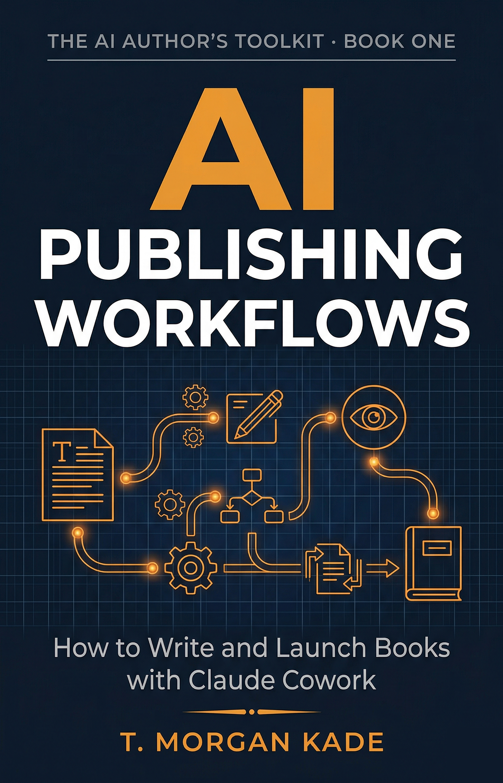 AI Publishing Workflows — How to Write and Launch Books with Claude Cowork. Book cover showing a dark blueprint-style design with glowing orange workflow icons.